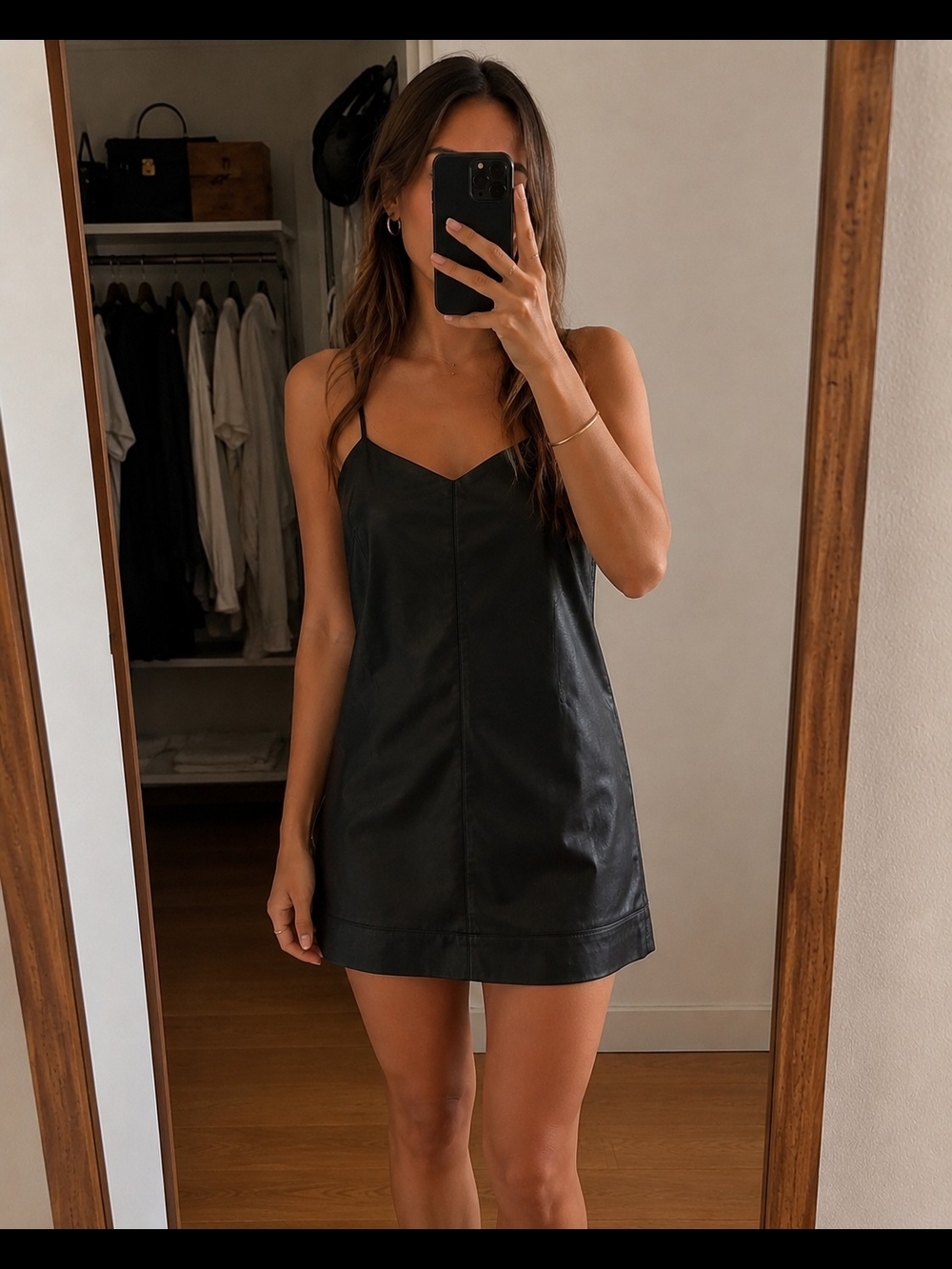 Olivaceous Black Faux-Leather Mini Slip Dress